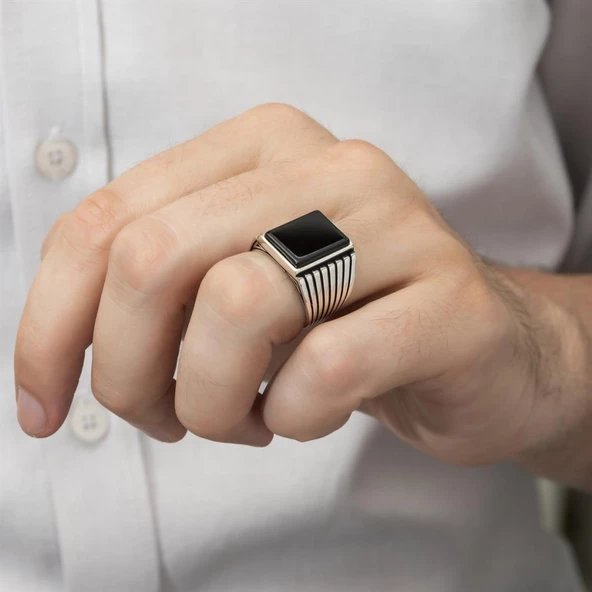 Kare Siyah Oniks Taşlı 925 Gümüş Erkek Yüzük - 6