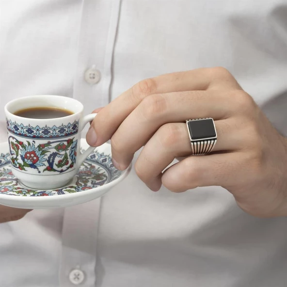 Kare Siyah Oniks Taşlı 925 Gümüş Erkek Yüzük - 11