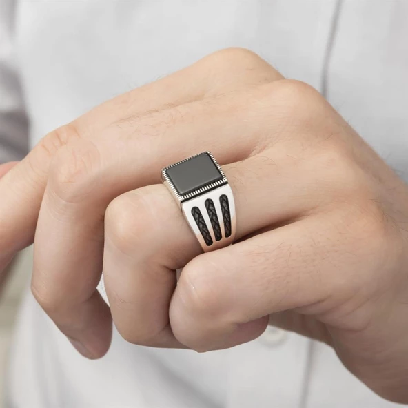 Kare Siyah Oniks Taşlı 925 Gümüş Erkek Yüzük - Resim 6