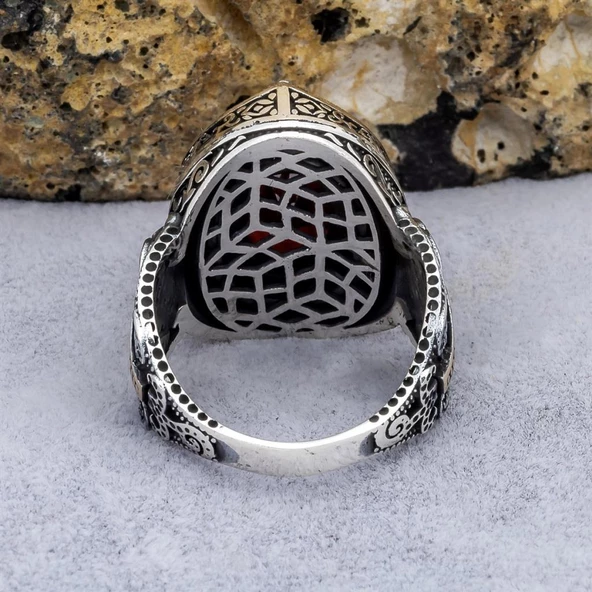 Kırmızı Taşlı 925 Gümüş Erkek Yüzük - 12