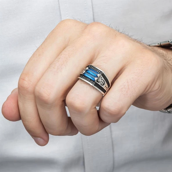 2 Sıra Mavi Taşlı 925 Gümüş Erkek Yüzük - 8