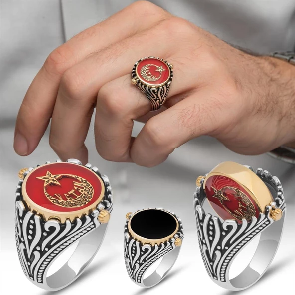 Çift Taraflı Ayyıldız Vatan Yazılı 925 Gümüş Erkek Yüzük ürün görseli 1