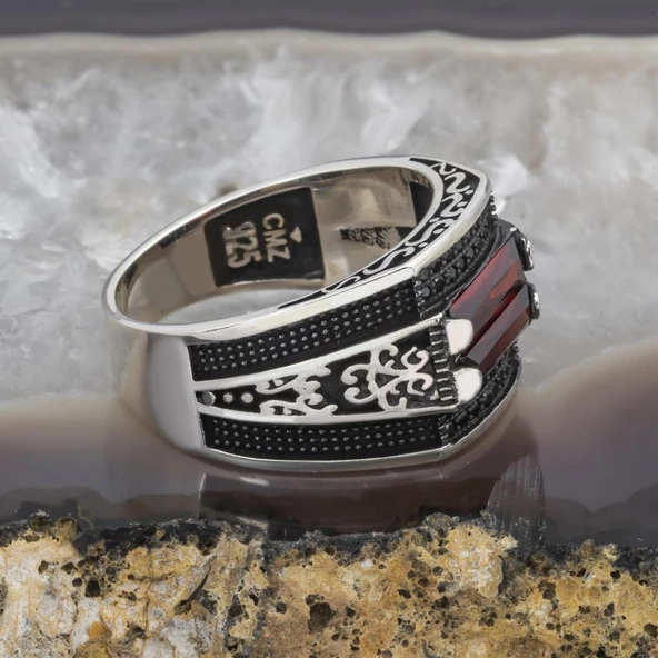 2 Sıra Kırmızı Taşlı 925 Gümüş Erkek Yüzük - Resim 7