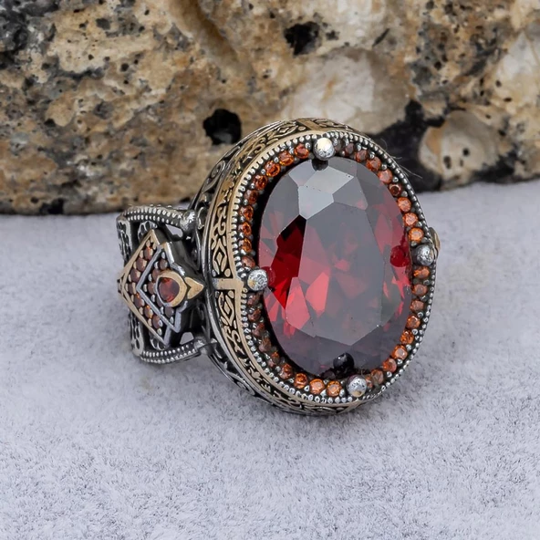 Kırmızı Taşlı 925 Gümüş Erkek Yüzük - 2