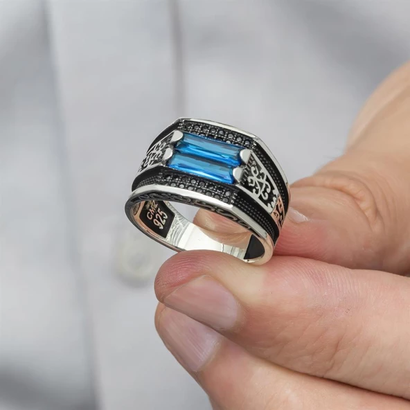 2 Sıra Mavi Taşlı 925 Gümüş Erkek Yüzük - 6