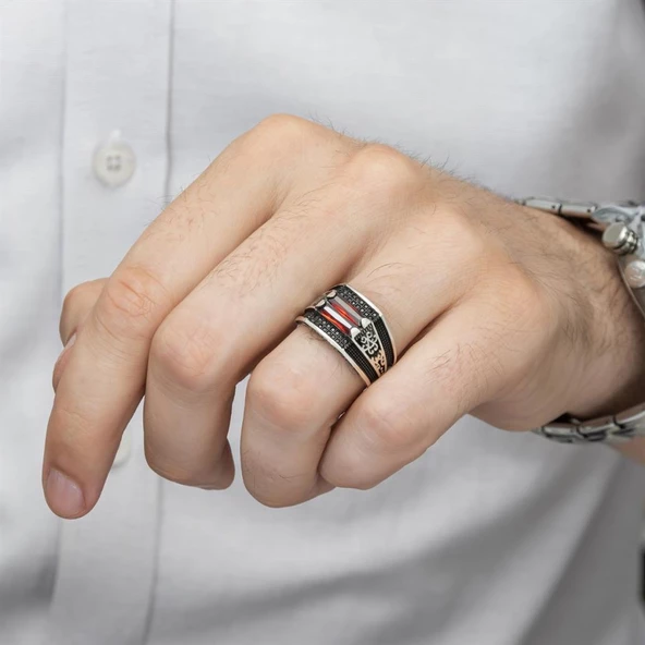 2 Sıra Kırmızı Taşlı 925 Gümüş Erkek Yüzük - Resim 11