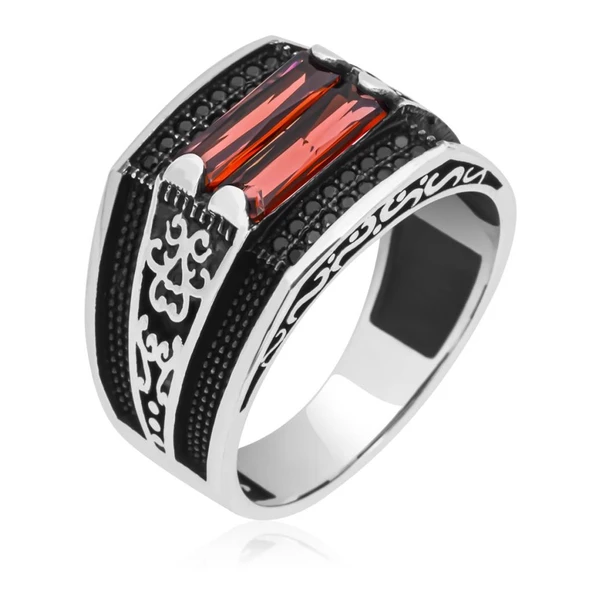 2 Sıra Kırmızı Taşlı 925 Gümüş Erkek Yüzük - Resim 5