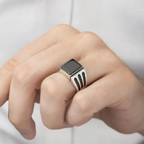 Kare Siyah Oniks Taşlı 925 Gümüş Erkek Yüzük - Resim 5