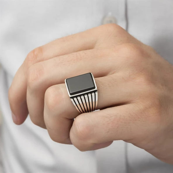 Kare Siyah Oniks Taşlı 925 Gümüş Erkek Yüzük - 7