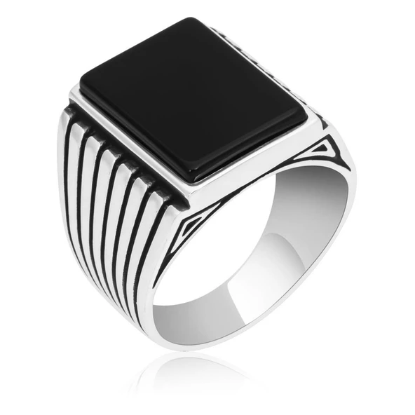 Kare Siyah Oniks Taşlı 925 Gümüş Erkek Yüzük - 4