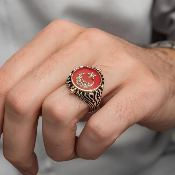 Çift Taraflı Ayyıldız Vatan Yazılı 925 Gümüş Erkek Yüzük - Resim 5