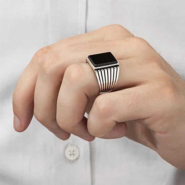 Kare Siyah Oniks Taşlı 925 Gümüş Erkek Yüzük - 5