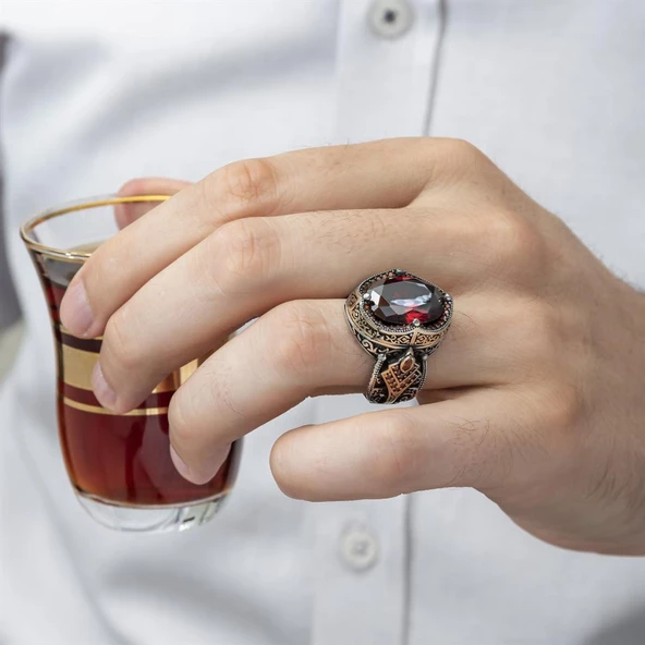 Kırmızı Taşlı 925 Gümüş Erkek Yüzük - 6