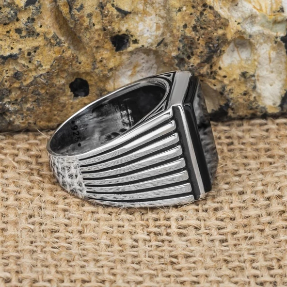 Kare Siyah Oniks Taşlı 925 Gümüş Erkek Yüzük - 12