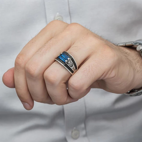 2 Sıra Mavi Taşlı 925 Gümüş Erkek Yüzük - 7
