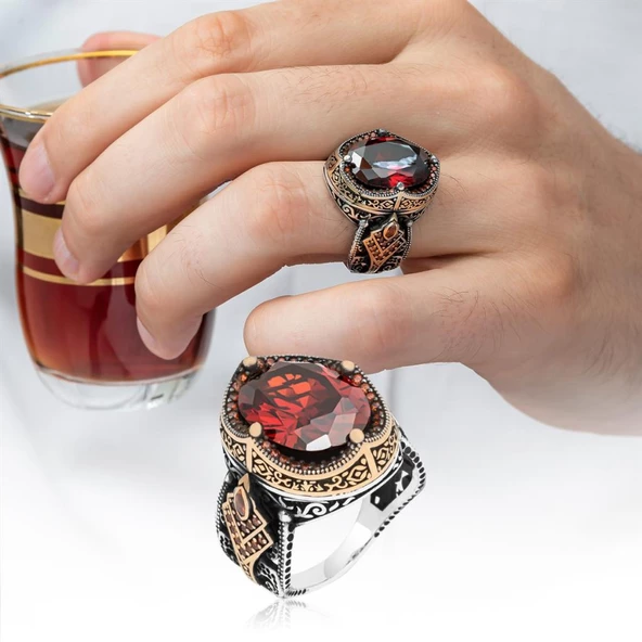 Kırmızı Taşlı 925 Gümüş Erkek Yüzük