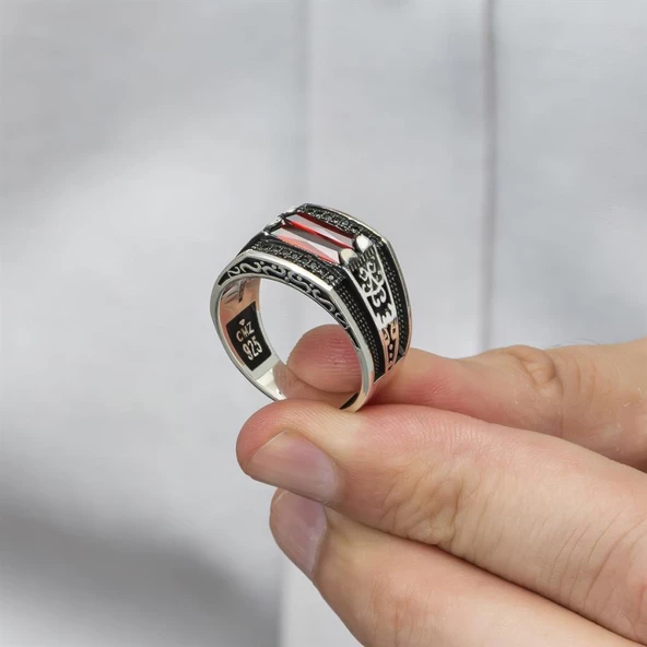 2 Sıra Kırmızı Taşlı 925 Gümüş Erkek Yüzük - Resim 4