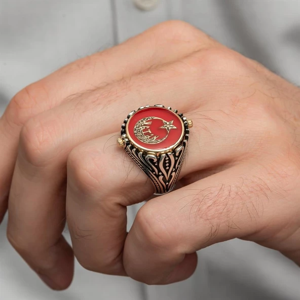 Çift Taraflı Ayyıldız Vatan Yazılı 925 Gümüş Erkek Yüzük - Resim 6