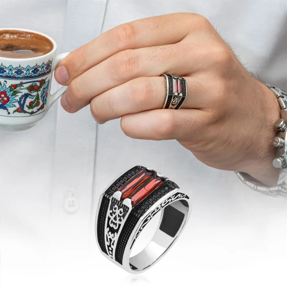 2 Sıra Kırmızı Taşlı 925 Gümüş Erkek Yüzük ürün görseli 1