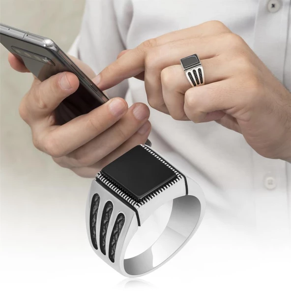 Kare Siyah Oniks Taşlı 925 Gümüş Erkek Yüzük - Resim 12