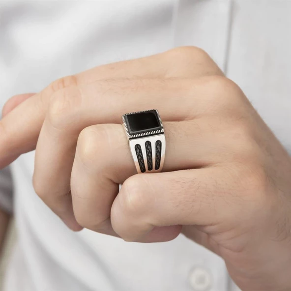 Kare Siyah Oniks Taşlı 925 Gümüş Erkek Yüzük - Resim 4
