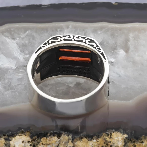 2 Sıra Kırmızı Taşlı 925 Gümüş Erkek Yüzük - Resim 6