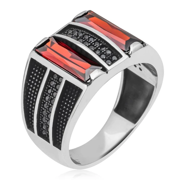 2 Sıra Dik Kırmızı Baget Taşlı 925 Gümüş Erkek Yüzük - Resim 3