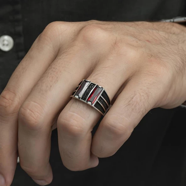 2 Sıra Dik Kırmızı Baget Taşlı 925 Gümüş Erkek Yüzük - Resim 5