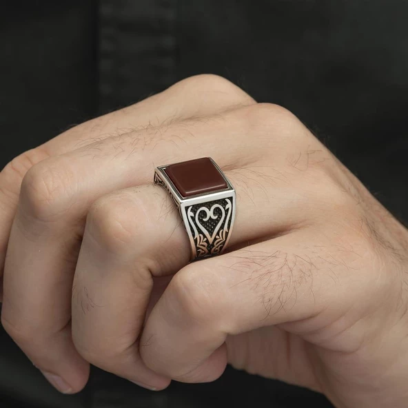 Kare Akik Taşlı 925 Gümüş Erkek Yüzük - 7