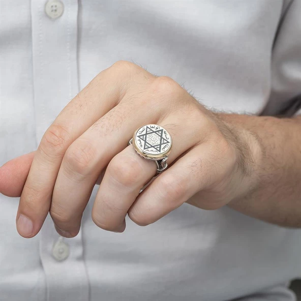 Mührü Süleyman İşleme 925 Gümüş Erkek Yüzük - Resim 5