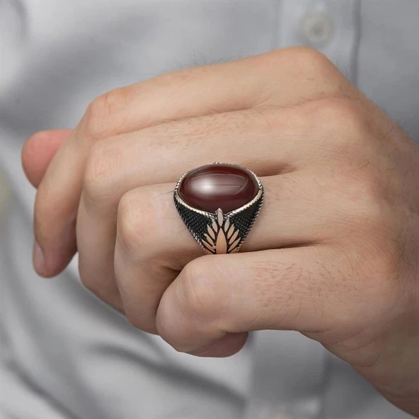 Oval Akik Taşlı 925 Gümüş Erkek Yüzük - 7