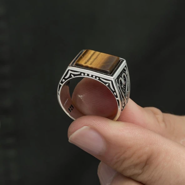 Kare Kaplan Gözü Taşlı 925 Gümüş Erkek Yüzük - Resim 5