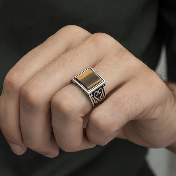 Kare Kaplan Gözü Taşlı 925 Gümüş Erkek Yüzük - Resim 11