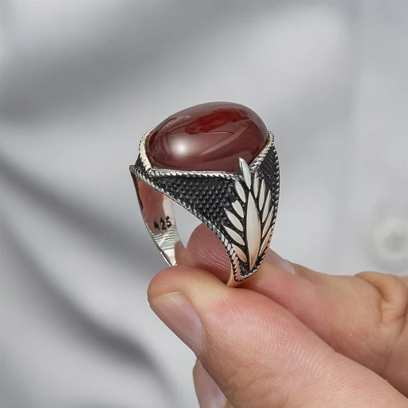 Oval Akik Taşlı 925 Gümüş Erkek Yüzük - 2