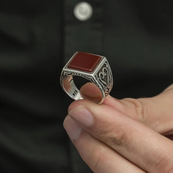 Kare Akik Taşlı 925 Gümüş Erkek Yüzük - 4