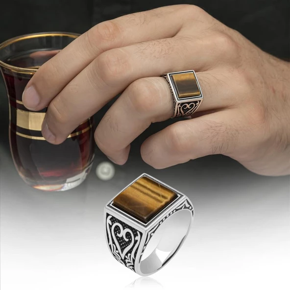 Kare Kaplan Gözü Taşlı 925 Gümüş Erkek Yüzük - Resim 9