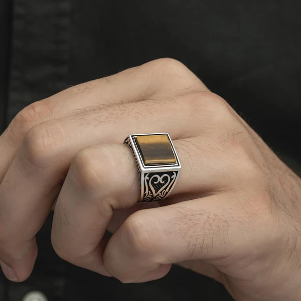 Kare Kaplan Gözü Taşlı 925 Gümüş Erkek Yüzük - Resim 8