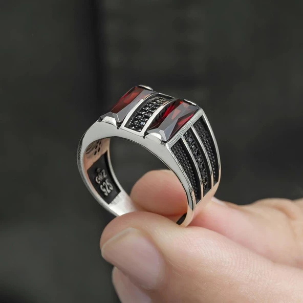 2 Sıra Dik Kırmızı Baget Taşlı 925 Gümüş Erkek Yüzük - Resim 7