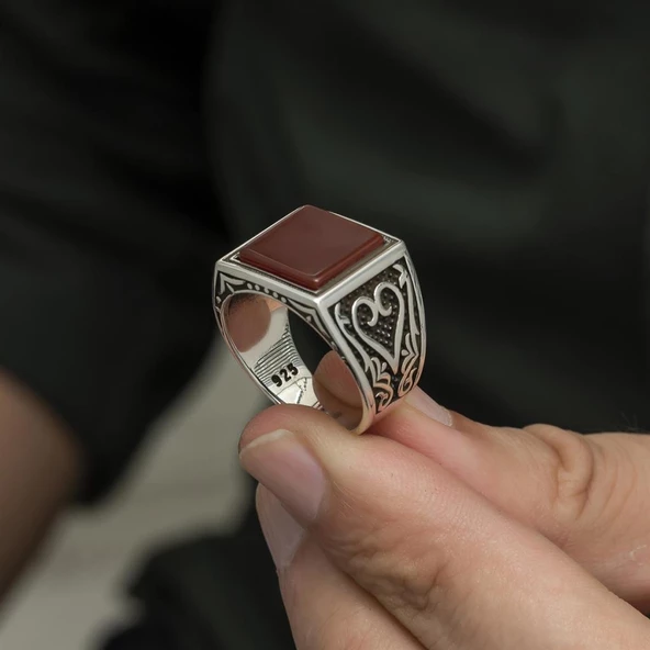 Kare Akik Taşlı 925 Gümüş Erkek Yüzük - 5