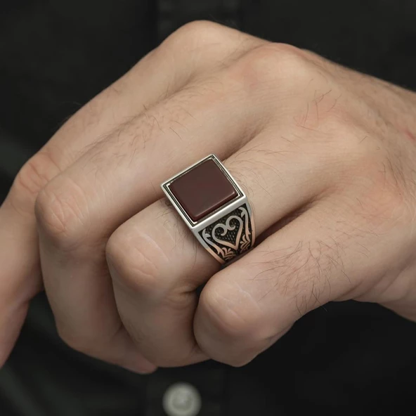 Kare Akik Taşlı 925 Gümüş Erkek Yüzük - 3