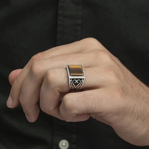 Kare Kaplan Gözü Taşlı 925 Gümüş Erkek Yüzük - Resim 10