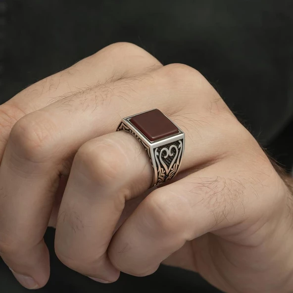 Kare Akik Taşlı 925 Gümüş Erkek Yüzük - 8