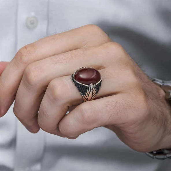 Oval Akik Taşlı 925 Gümüş Erkek Yüzük - 5