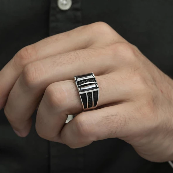 2 Sıra Dik Siyah Baget Taşlı 925 Gümüş Erkek Yüzük - 3