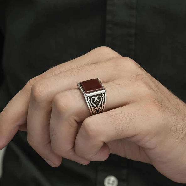 Kare Akik Taşlı 925 Gümüş Erkek Yüzük - 10