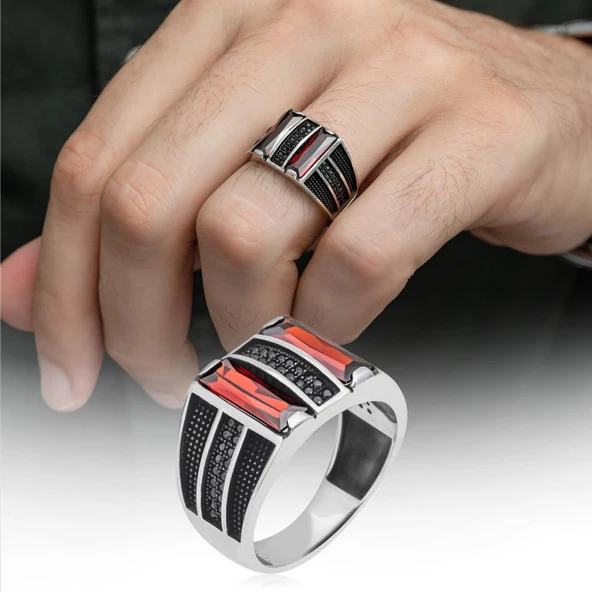 2 Sıra Dik Kırmızı Baget Taşlı 925 Gümüş Erkek Yüzük ürün görseli 1