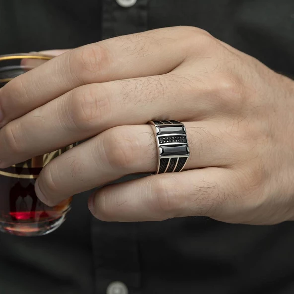 2 Sıra Dik Siyah Baget Taşlı 925 Gümüş Erkek Yüzük - 4