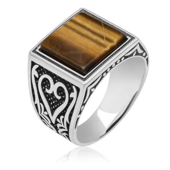 Kare Kaplan Gözü Taşlı 925 Gümüş Erkek Yüzük - Resim 6