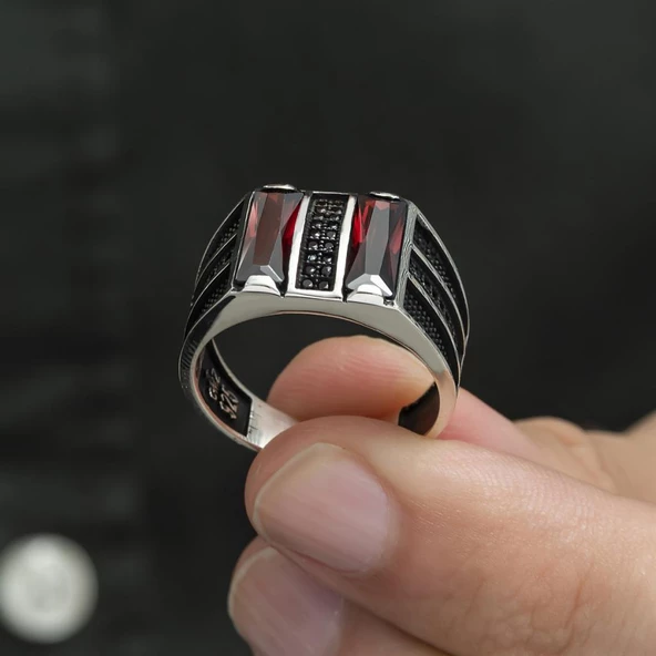 2 Sıra Dik Kırmızı Baget Taşlı 925 Gümüş Erkek Yüzük - Resim 9