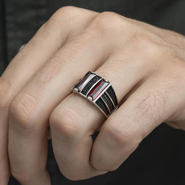 2 Sıra Dik Kırmızı Baget Taşlı 925 Gümüş Erkek Yüzük - Resim 6